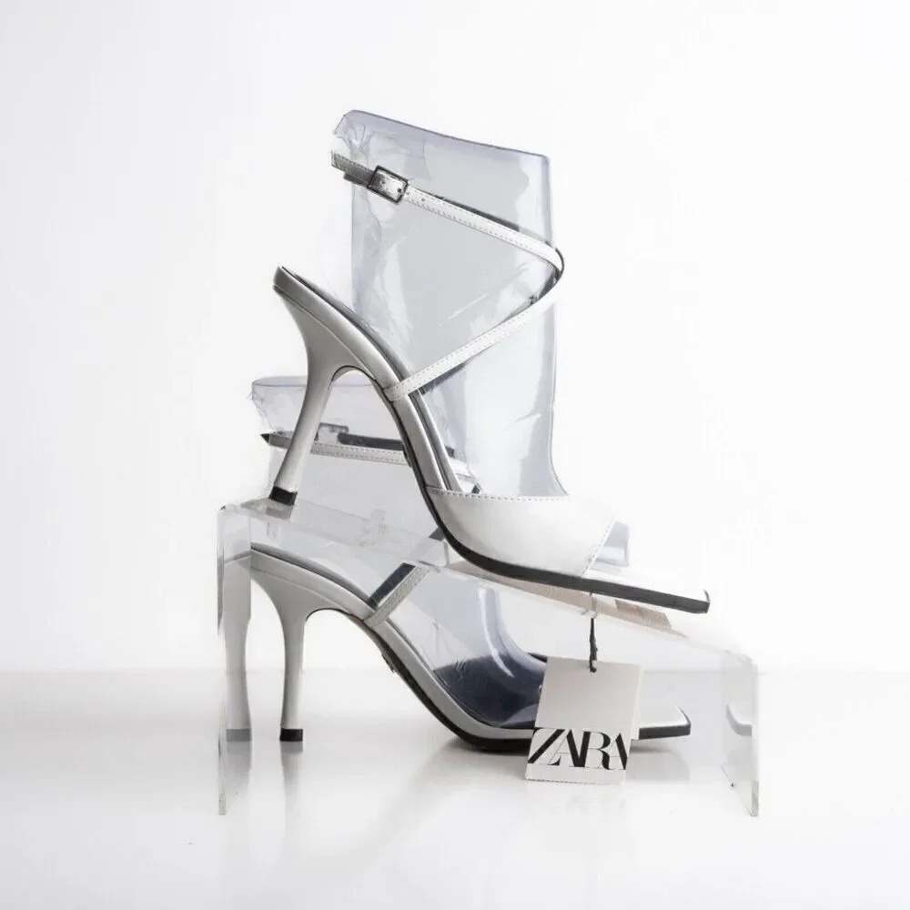 Zara Womens White Faux Leather Sandals Heels asymmetric strap US 7.5 EU 38 NWT - Picture 7 of 8